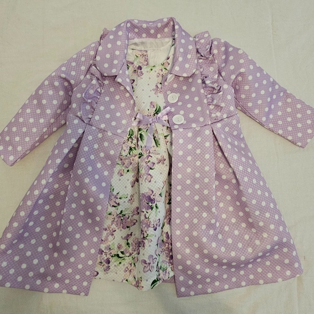 Bonnie Jean - 2 Piece Set Lilac Flowered Dress with Coordinating Coat - Size 2T